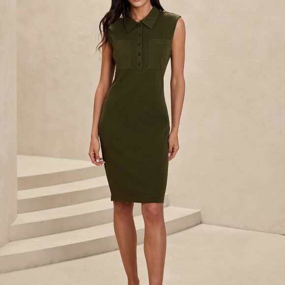 Banana Republic Waimea Olive Above-Knee Button-Front Sleeveless Knit Dress M NWT - Picture 3 of 9